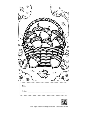 Thumbnail: Wicker Basket Filled with Autumn Acorns Coloring Page Printable with Title and Artist Box