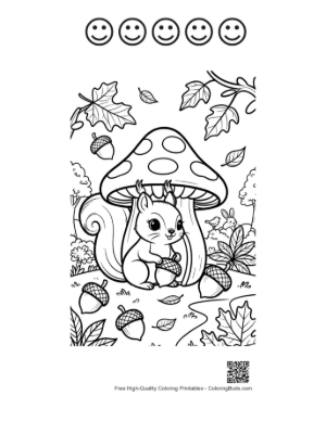 Thumbnail: Woodland Squirrel Holding an Acorn by a Toadstool Coloring Sheet Printable and 5 Happy Face Outline