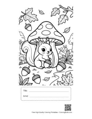 Thumbnail: Woodland Squirrel Holding an Acorn by a Toadstool Coloring Sheet Printable with Title and Artist Box