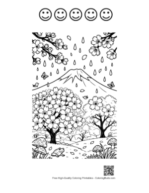 Thumbnail: Blooming Trees and Flowers Under a Rainy Mountain Printable and 5 Happy Face Outline