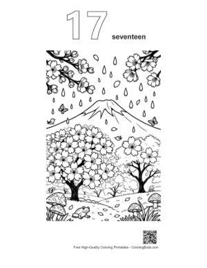 Thumbnail: Blooming Trees and Flowers Under a Rainy Mountain Printable Outline Number 17