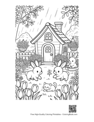 Thumbnail: Cute Bunnies in a Rainy Garden by a Cottage Printable