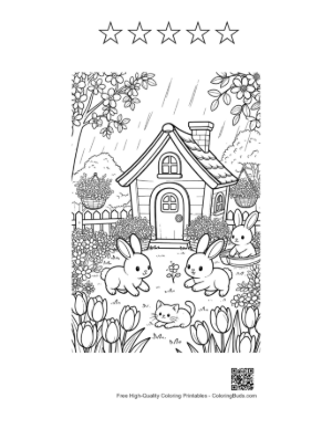Thumbnail: Cute Bunnies in a Rainy Garden by a Cottage Printable and 5 Star Outline