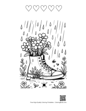 Thumbnail: Cute Flowers Rain Coloring Page Printable and 5 Heart Outline