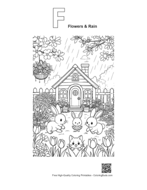 Thumbnail: Free Flowers Rain Coloring Page Printable Outline Alphabet F Flowers & Rain