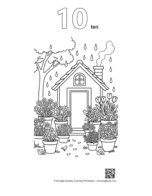 Thumbnail: Garden House Entrance with Flowers and Raindrops Printable Outline Number 10