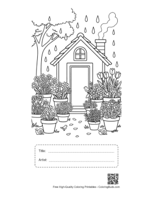 Thumbnail: Garden House Entrance with Flowers and Raindrops Printable with Title and Artist Box