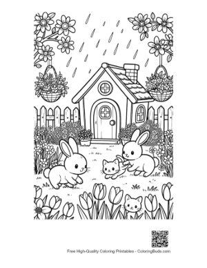 Thumbnail: Little Rabbits Playing in the Rain Near a Cabin Printable
