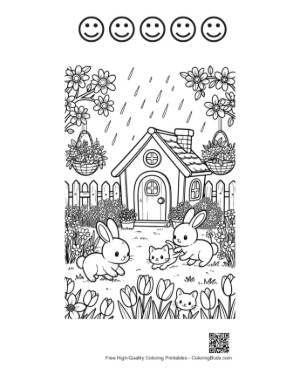 Thumbnail: Little Rabbits Playing in the Rain Near a Cabin Printable and 5 Happy Face Outline