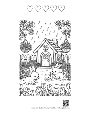 Thumbnail: Little Rabbits Playing in the Rain Near a Cabin Printable and 5 Heart Outline