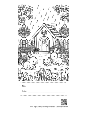 Thumbnail: Little Rabbits Playing in the Rain Near a Cabin Printable with Title and Artist Box