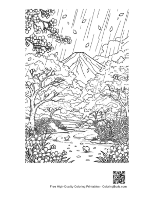 Thumbnail: Mountain Valley Scenery with Rain and Spring Blossoms Printable