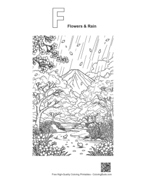 Thumbnail: Mountain Valley Scenery with Rain and Spring Blossoms Printable Outline Alphabet F Flowers & Rain