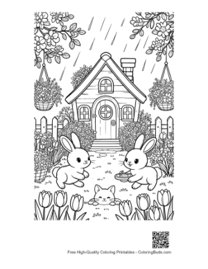 Thumbnail: Rabbits Under a Rainy Sky by a Flowery House Printable