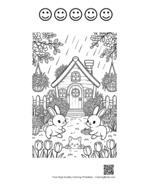Thumbnail: Rabbits Under a Rainy Sky by a Flowery House Printable and 5 Happy Face Outline