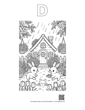 Thumbnail: Rabbits Under a Rainy Sky by a Flowery House Printable Outline Alphabet D