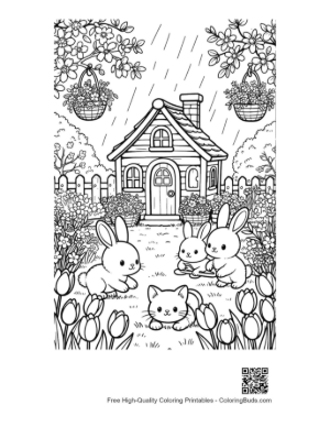 Thumbnail: Spring Rain Scene with Bunnies and a Cottage Printable