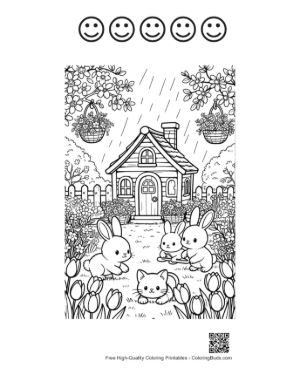 Thumbnail: Spring Rain Scene with Bunnies and a Cottage Printable and 5 Happy Face Outline