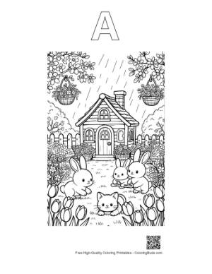 Thumbnail: Spring Rain Scene with Bunnies and a Cottage Printable Outline Alphabet A