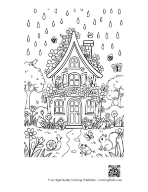 Thumbnail: Whimsical Garden Cottage with Raindrops Falling Printable