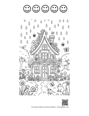 Thumbnail: Whimsical Garden Cottage with Raindrops Falling Printable and 5 Happy Face Outline