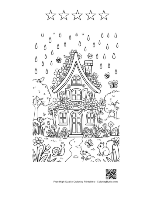 Thumbnail: Whimsical Garden Cottage with Raindrops Falling Printable and 5 Star Outline