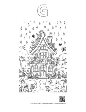 Thumbnail: Whimsical Garden Cottage with Raindrops Falling Printable Outline Alphabet G