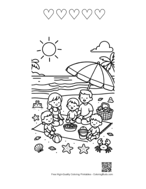 Thumbnail: Beach Picnic Activity Page with Shells and Starfish Coloring Sheet Printable and 5 Heart Outline