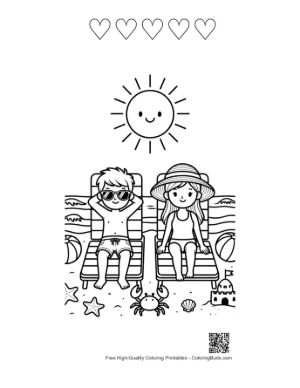 Thumbnail: Boy and Girl Relaxing on Beach Chairs Under a Big Sun Coloring Sheet Printable and 5 Heart Outline