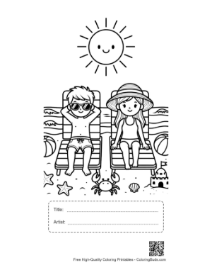 Thumbnail: Boy and Girl Relaxing on Beach Chairs Under a Big Sun Coloring Sheet Printable with Title and Artist Box