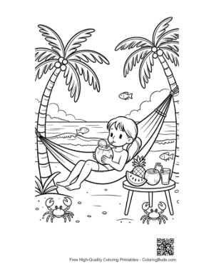 Thumbnail: Child Relaxing in a Hammock on a Tropical Island Coloring Sheet Printable