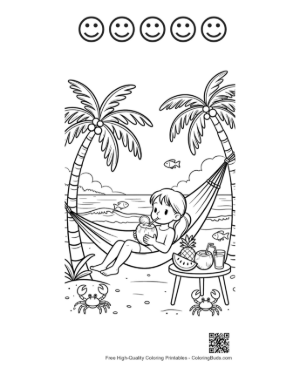 Thumbnail: Child Relaxing in a Hammock on a Tropical Island Coloring Sheet Printable and 5 Happy Face Outline