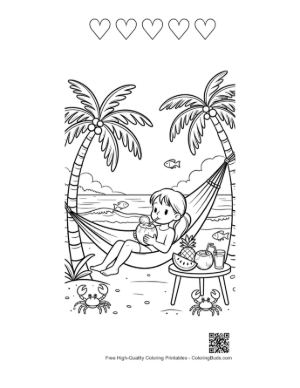Thumbnail: Child Relaxing in a Hammock on a Tropical Island Coloring Sheet Printable and 5 Heart Outline