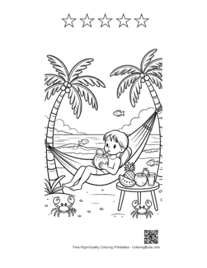 Thumbnail: Child Relaxing in a Hammock on a Tropical Island Coloring Sheet Printable and 5 Star Outline