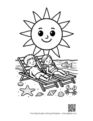 Thumbnail: Children Sunbathing on the Sand with a Smiling Sun Coloring Page Printable