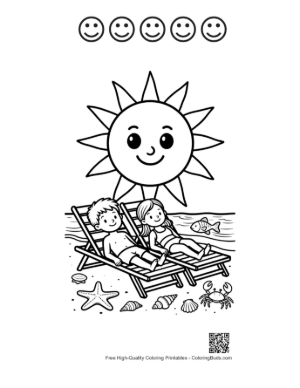 Thumbnail: Children Sunbathing on the Sand with a Smiling Sun Coloring Page Printable and 5 Happy Face Outline