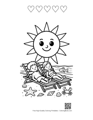 Thumbnail: Children Sunbathing on the Sand with a Smiling Sun Coloring Page Printable and 5 Heart Outline