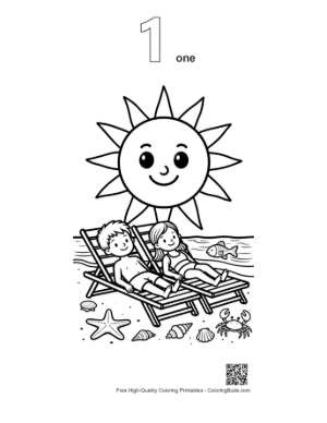 Thumbnail: Children Sunbathing on the Sand with a Smiling Sun Coloring Page Printable Outline Number 1