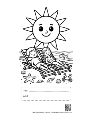 Thumbnail: Children Sunbathing on the Sand with a Smiling Sun Coloring Page Printable with Title and Artist Box