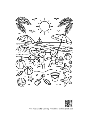 Thumbnail: Family Fun on a Tropical Beach with Palm Trees Coloring Page Printable