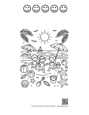 Thumbnail: Family Fun on a Tropical Beach with Palm Trees Coloring Page Printable and 5 Happy Face Outline
