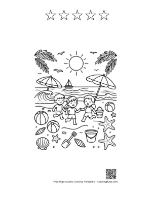 Thumbnail: Family Fun on a Tropical Beach with Palm Trees Coloring Page Printable and 5 Star Outline