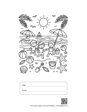 Thumbnail: Family Fun on a Tropical Beach with Palm Trees Coloring Page Printable with Title and Artist Box