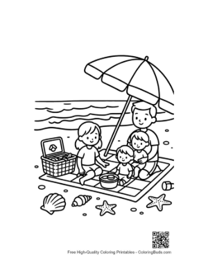 Thumbnail: Kids and Parents Enjoying a Picnic at the Sunny Shore Coloring Page Printable