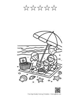 Thumbnail: Kids and Parents Enjoying a Picnic at the Sunny Shore Coloring Page Printable and 5 Star Outline