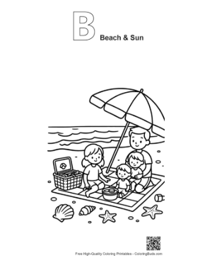 Thumbnail: Kids and Parents Enjoying a Picnic at the Sunny Shore Coloring Page Printable Outline Alphabet B Beach & Sun