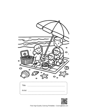 Thumbnail: Kids and Parents Enjoying a Picnic at the Sunny Shore Coloring Page Printable with Title and Artist Box