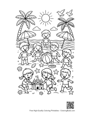 Thumbnail: Kids Enjoying Summer Vacation at the Beach Coloring Activity Printable