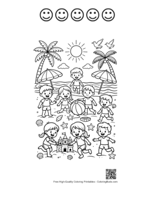Thumbnail: Kids Enjoying Summer Vacation at the Beach Coloring Activity Printable and 5 Happy Face Outline