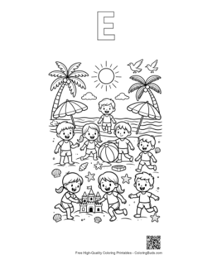 Thumbnail: Kids Enjoying Summer Vacation at the Beach Coloring Activity Printable Outline Alphabet E